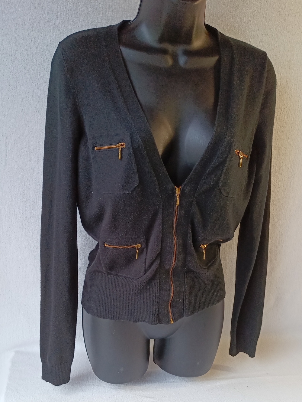 Ann Taylor Factory Black Zip-Front Cardigan with Gold Zippers